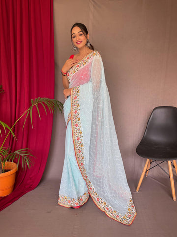 Occasion Wear SEQUENCE WORK Sky Blue Color Saree