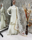 White Cream Colour Embroidery Work Sharara Palazzo Suit -Designer Suit M / White women's fashion mart