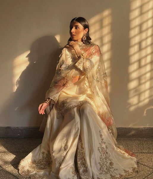 White Cream Colour Embroidery Work Sharara Palazzo Suit -Designer Suit M / White women's fashion mart