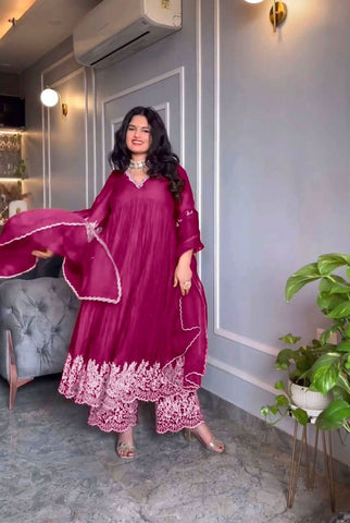 Rani Colour Alia Cut Embroidery Work Gown With Palazzo Suit -Designer Suit M / Pink women's fashion mart