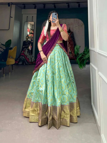 Iconic Jacquard Silk Sea Green Zari Weaved Lehenga Choli Set - women's fashion mart