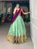 Iconic Jacquard Silk Sea Green Zari Weaved Lehenga Choli Set - women's fashion mart