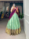 Iconic Jacquard Silk Sea Green Zari Weaved Lehenga Choli Set - women's fashion mart