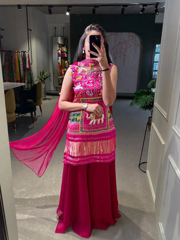 Elegant Designer Pink Printed Hand Worked Palazzo Suit - women's fashion mart
