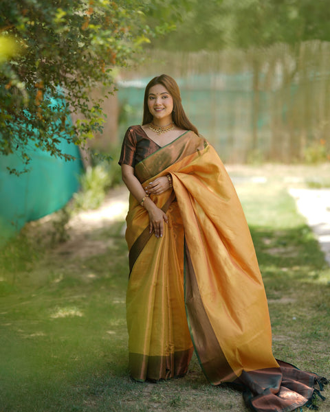 Mustard Yellow Kubera Pattu Kanjivaram Silk Saree - Default Title women's fashion mart