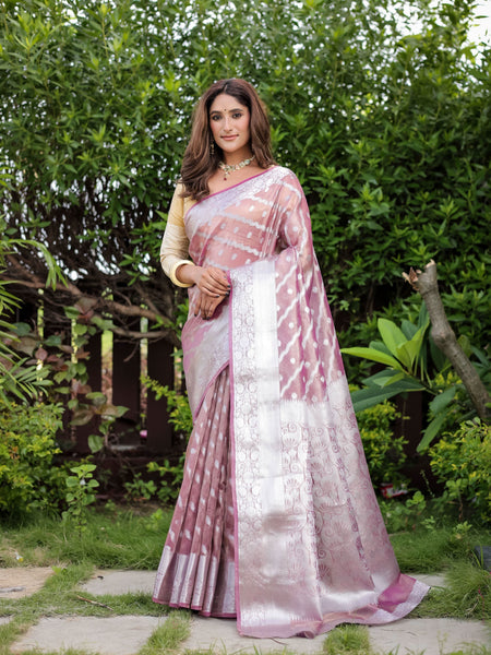 Dusty Pink Banarasi Glass Tissue Saree - Default Title women's fashion mart