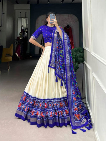Elegant Tussar Silk Patola Printed Lehenga Choli Set -Lehenga Choli Royal Blue / Semi Stitched women's fashion mart