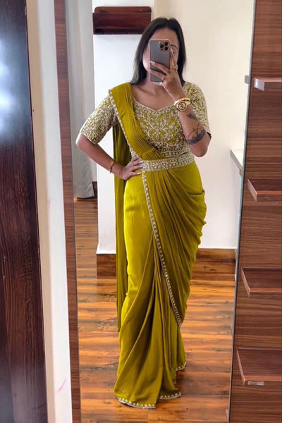 Embroidered Cording Work Ready-to-Wear Saree with Matching Embroidery Blouse - Default Title women's fashion mart