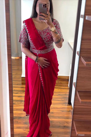 Embroidered Cording Work Ready-to-Wear Saree with Matching Embroidery Blouse - Default Title women's fashion mart