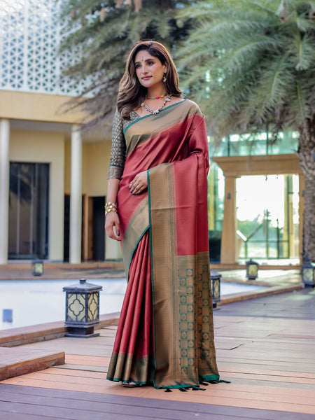 Maroon Kubera Pattu Kanjivaram Silk Saree - Default Title women's fashion mart