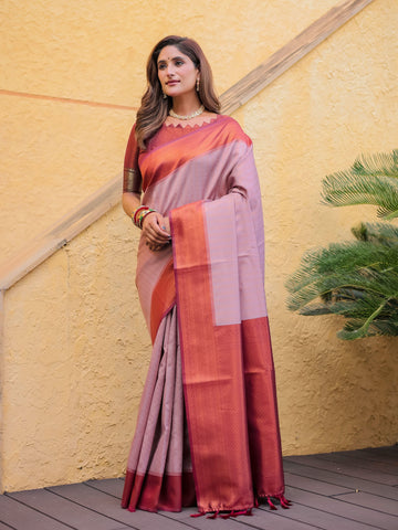 Dusty Pink Kubera Pattu Kanjivaram Silk Saree - Default Title women's fashion mart