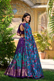 Kiara Dark Blue Silk Kalamkari Lehenga with Luxe Foil Border - XXL / Purple women's fashion mart