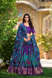 Kiara Dark Blue Silk Kalamkari Lehenga with Luxe Foil Border - XXL / Purple women's fashion mart