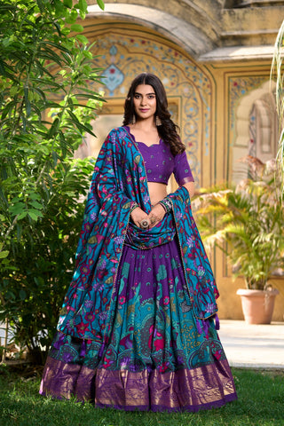 Kiara Dark Blue Silk Kalamkari Lehenga with Luxe Foil Border - XXL / Purple women's fashion mart