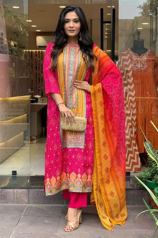 Multicolored Bandhani 3 Pic Suit Set with Stone Work & Dupatta - XXL women's fashion mart