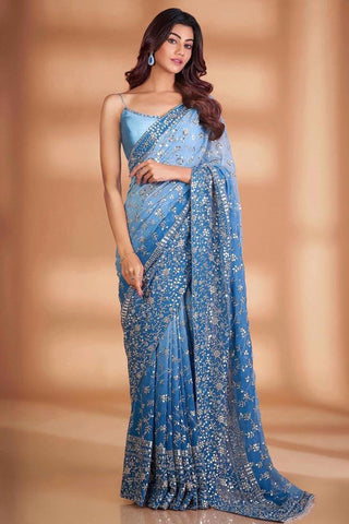Blue Soft Georgette Saree with Heavy Sequence & Thread Work - Default Title women's fashion mart