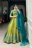 Ethereal Green Kanjivaram Gown with Net Dupatta - 4XL women's fashion mart