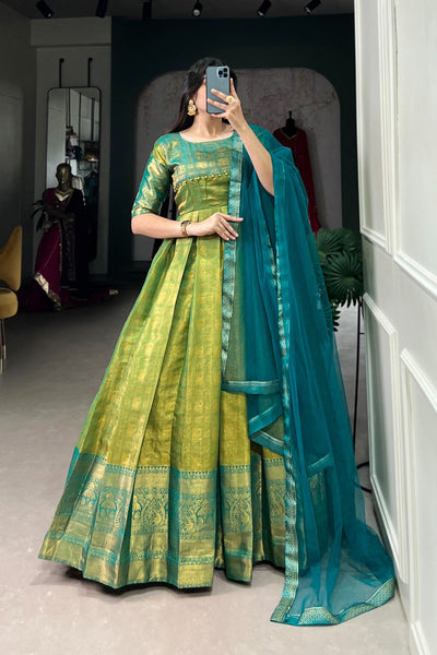 Ethereal Green Kanjivaram Gown with Net Dupatta - 4XL women's fashion mart