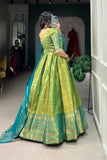 Ethereal Green Kanjivaram Gown with Net Dupatta - 4XL women's fashion mart