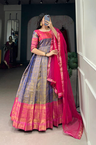 Ethereal Rose Soft Pink Kanjivaram Gown with Net Dupatta - 4XL women's fashion mart