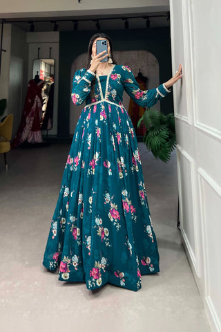 Blue Floral Print Georgette Gown - 3XL women's fashion mart