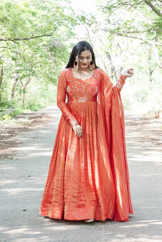 Anarkali Chinnon Silk Embroidered Gown - 4XL women's fashion mart