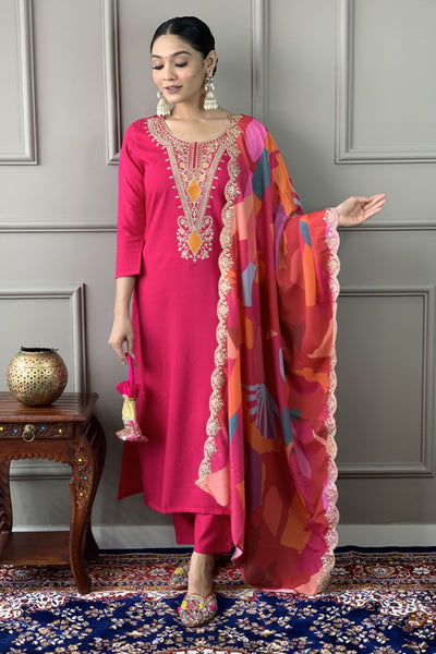 Pink Viscose Silk Printed Embroidered Suit Set - S women's fashion mart