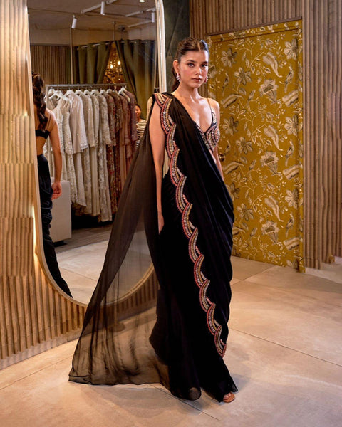 Amazing Georgette Black Colour Saree With Shrug