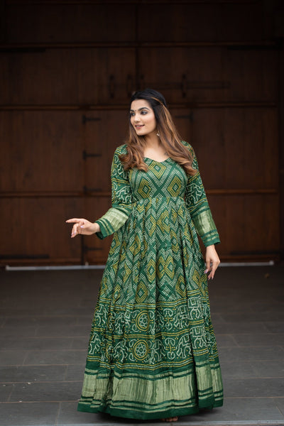 Pure Gaji Silk Bandhni Printed Green Traditional Gown - women's fashion mart