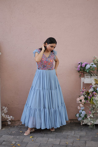 Sky Blue Faux Georgette Floral Printed Gown - women's fashion mart