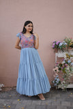 Sky Blue Faux Georgette Floral Printed Gown - women's fashion mart