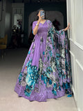 Tussar Silk Floral Printed Gown With Dupatta - women's fashion mart