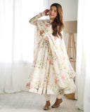 WHITE HEAVY PURE SOFT ORGANJA SILK PRINT ANARKALI SUIT  women's fashion mart