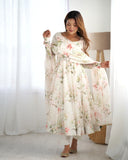 WHITE HEAVY PURE SOFT ORGANJA SILK PRINT ANARKALI SUIT  women's fashion mart