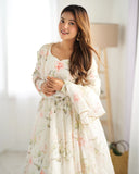 WHITE HEAVY PURE SOFT ORGANJA SILK PRINT ANARKALI SUIT  women's fashion mart