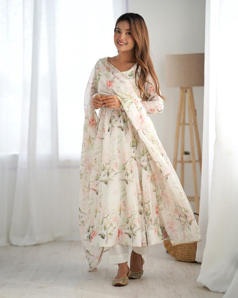 WHITE HEAVY PURE SOFT ORGANJA SILK PRINT ANARKALI SUIT  women's fashion mart