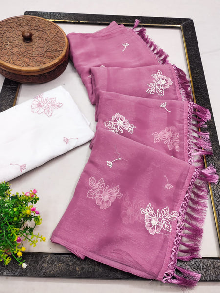 Premium Designer Embroidery White Thread Work With Lace Border Saree  women's fashion mart