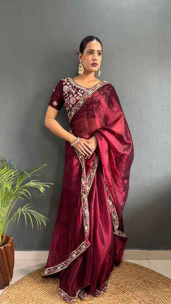 Classy Red Colour Pearl Handwork Saree With Blouse -Silk Saree Red women's fashion mart