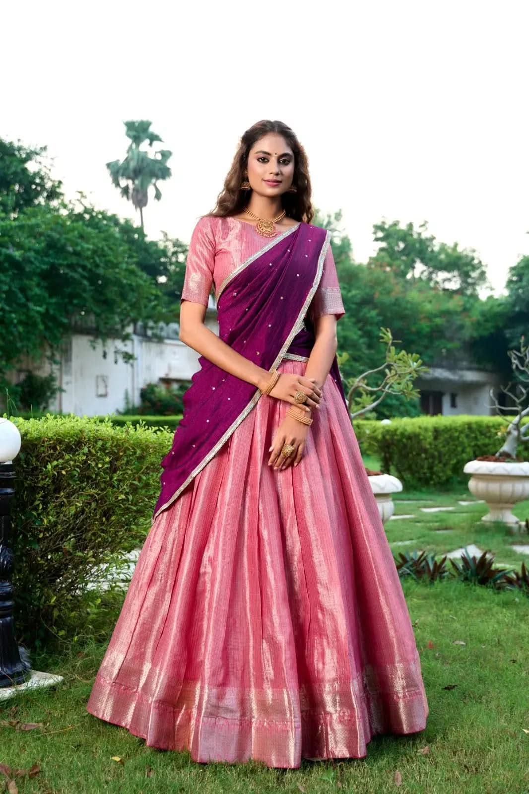 Fiery Kanchipuram Zari Weaved Pink Lehenga Choli Set - women's fashion mart
