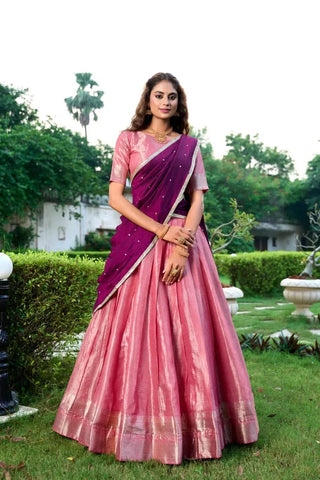Fiery Kanchipuram Zari Weaved Pink Lehenga Choli Set - women's fashion mart