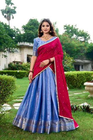 Blazing Kanchipuram Zari Weaved Royal Blue Lehenga Choli Set - women's fashion mart