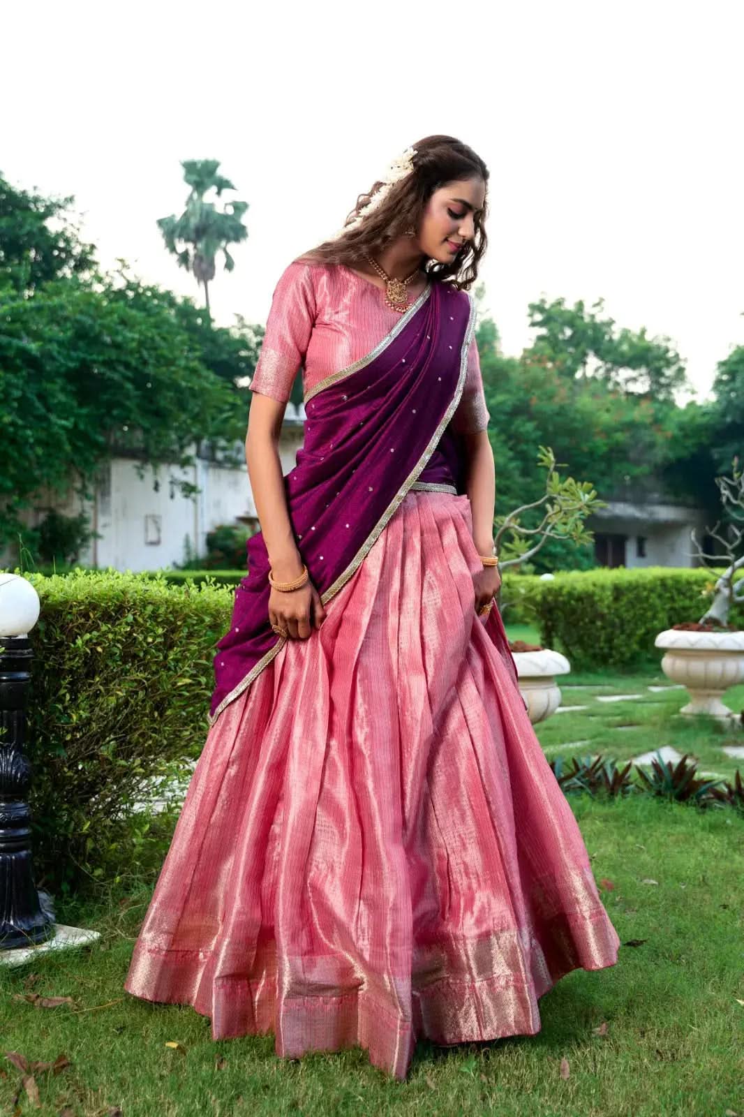 Fiery Kanchipuram Zari Weaved Pink Lehenga Choli Set - women's fashion mart