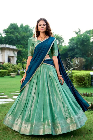 Stunning  Kanchipuram Zari Weaved Pista Lehenga Choli Set - women's fashion mart
