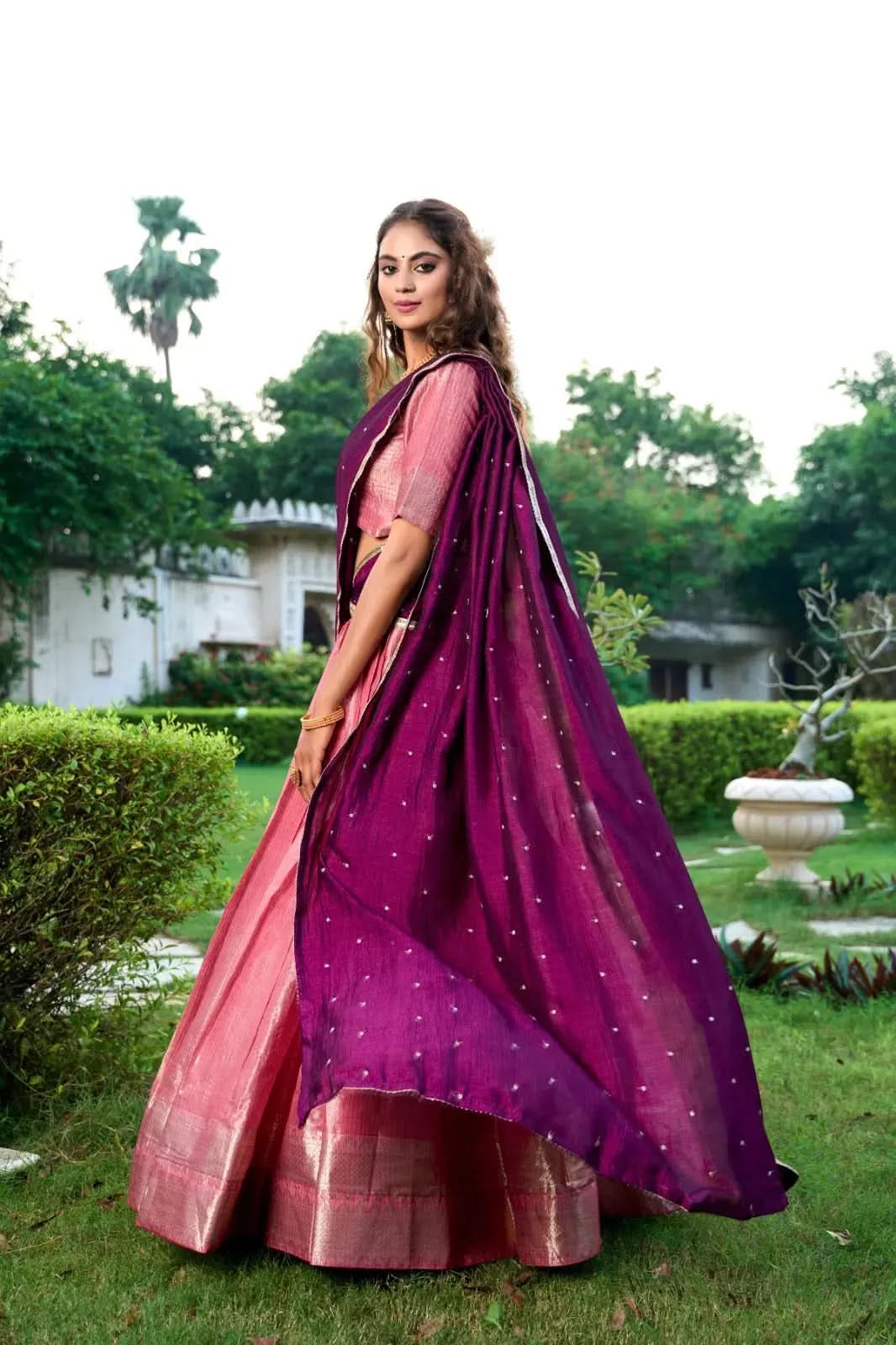 Fiery Kanchipuram Zari Weaved Pink Lehenga Choli Set - women's fashion mart