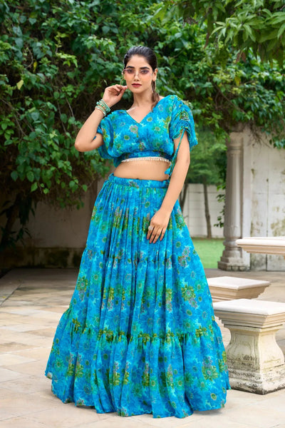 Dreamlike Chiffon Sky Blue Floral Printed Lehenga Choli - women's fashion mart