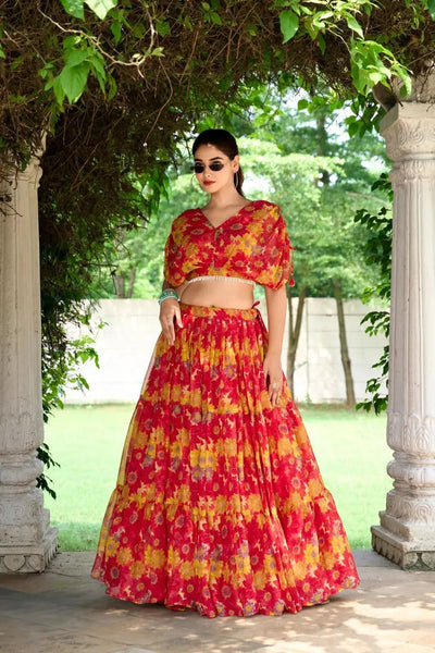 Ravishing Chiffon Red Floral Printed Lehenga Choli - women's fashion mart