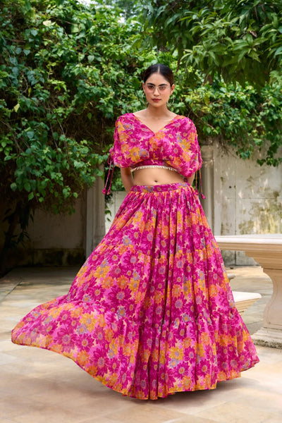 Designer Chiffon Pink Floral Printed Lehenga Choli - women's fashion mart