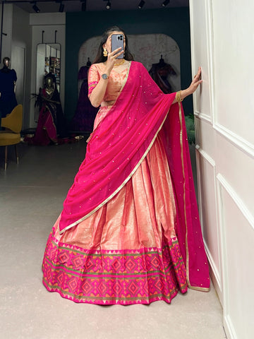 Fantastic Peach Ikat Kanjivaram Jacquard Silk Lehenga Choli - women's fashion mart