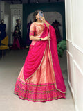 Fantastic Peach Ikat Kanjivaram Jacquard Silk Lehenga Choli - women's fashion mart