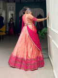 Fantastic Peach Ikat Kanjivaram Jacquard Silk Lehenga Choli - women's fashion mart